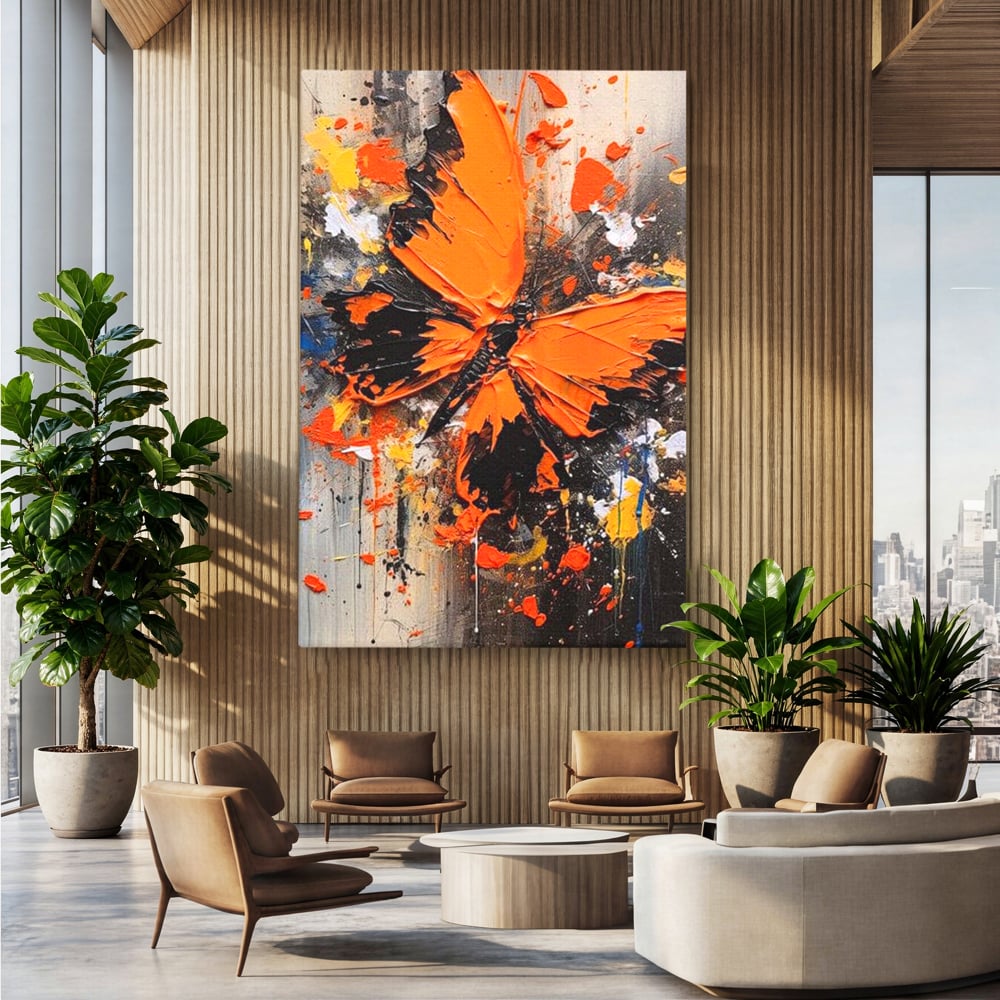 Leinwand Wandkunst Canvas Premium, LuxCanva® M1132, Farbe Metamorphose, Graffiti, Street Art, Orange, Dunkel, Anthrazit, Schmetterling, Spritzer, Spritzer, Flügel, Insekt, Modern, Büro, Wohnen, Kinderzimmer