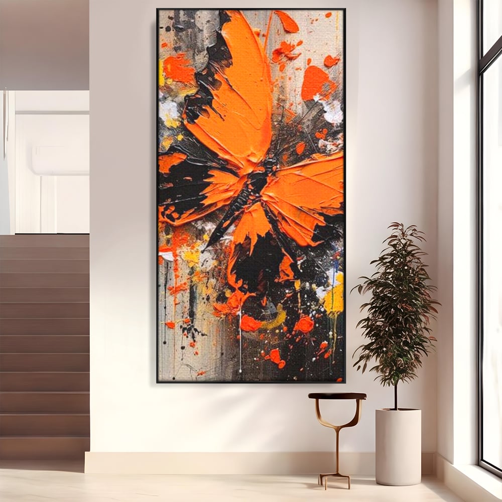 Leinwand Wandkunst Canvas Premium, LuxCanva® M1132, Farbe Metamorphose, Graffiti, Street Art, Orange, Dunkel, Anthrazit, Schmetterling, Spritzer, Spritzer, Flügel, Insekt, Modern, Büro, Wohnen, Kinderzimmer