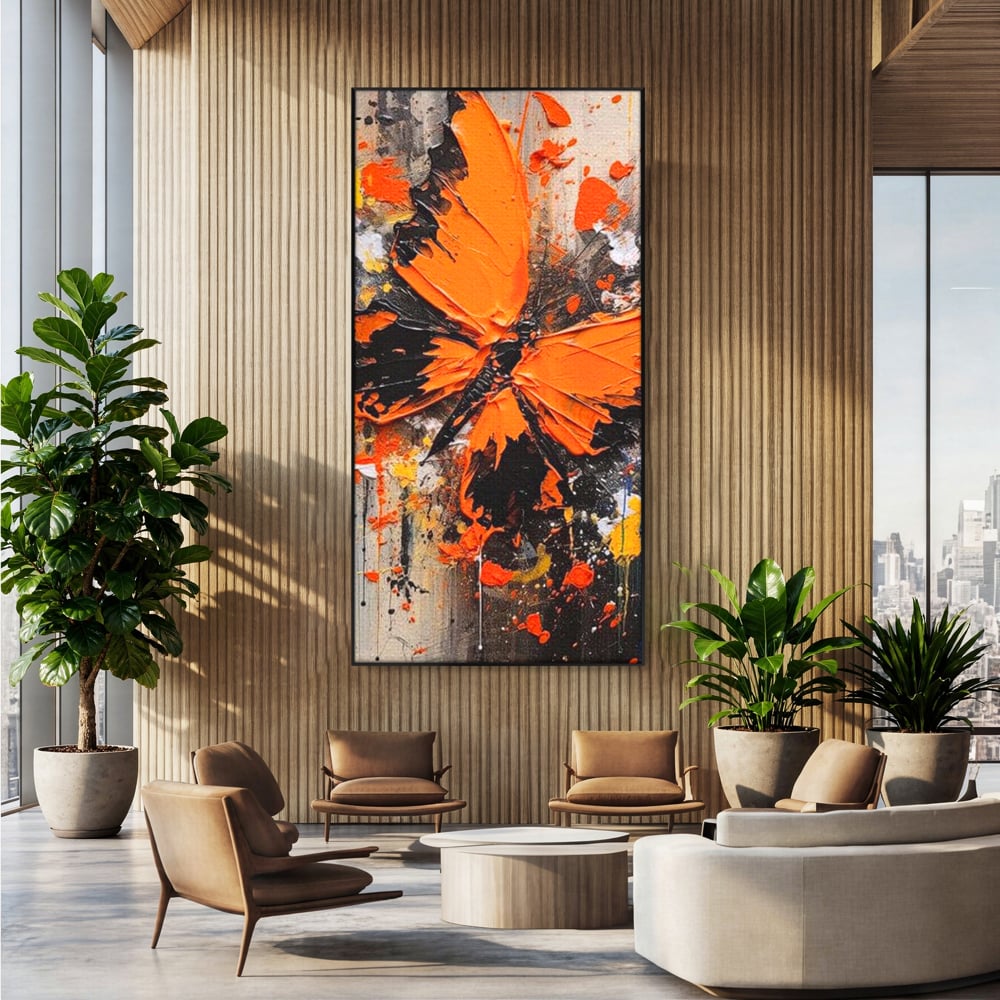 Leinwand Wandkunst Canvas Premium, LuxCanva® M1132, Farbe Metamorphose, Graffiti, Street Art, Orange, Dunkel, Anthrazit, Schmetterling, Spritzer, Spritzer, Flügel, Insekt, Modern, Büro, Wohnen, Kinderzimmer