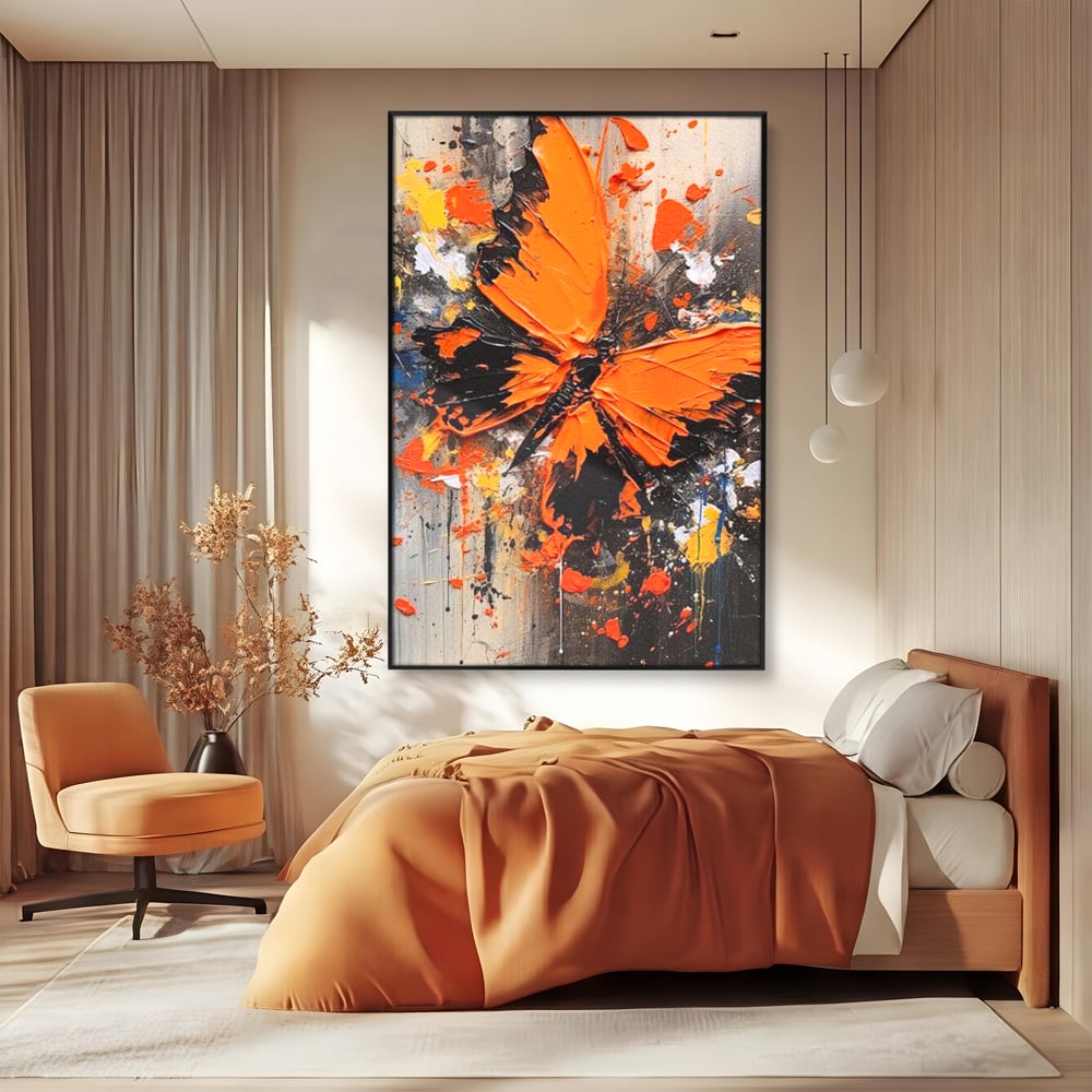 Leinwand Wandkunst Canvas Premium, LuxCanva® M1132, Farbe Metamorphose, Graffiti, Street Art, Orange, Dunkel, Anthrazit, Schmetterling, Spritzer, Spritzer, Flügel, Insekt, Modern, Büro, Wohnen, Kinderzimmer