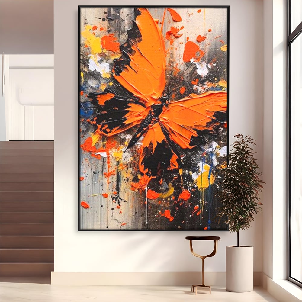 Leinwand Wandkunst Canvas Premium, LuxCanva® M1132, Farbe Metamorphose, Graffiti, Street Art, Orange, Dunkel, Anthrazit, Schmetterling, Spritzer, Spritzer, Flügel, Insekt, Modern, Büro, Wohnen, Kinderzimmer