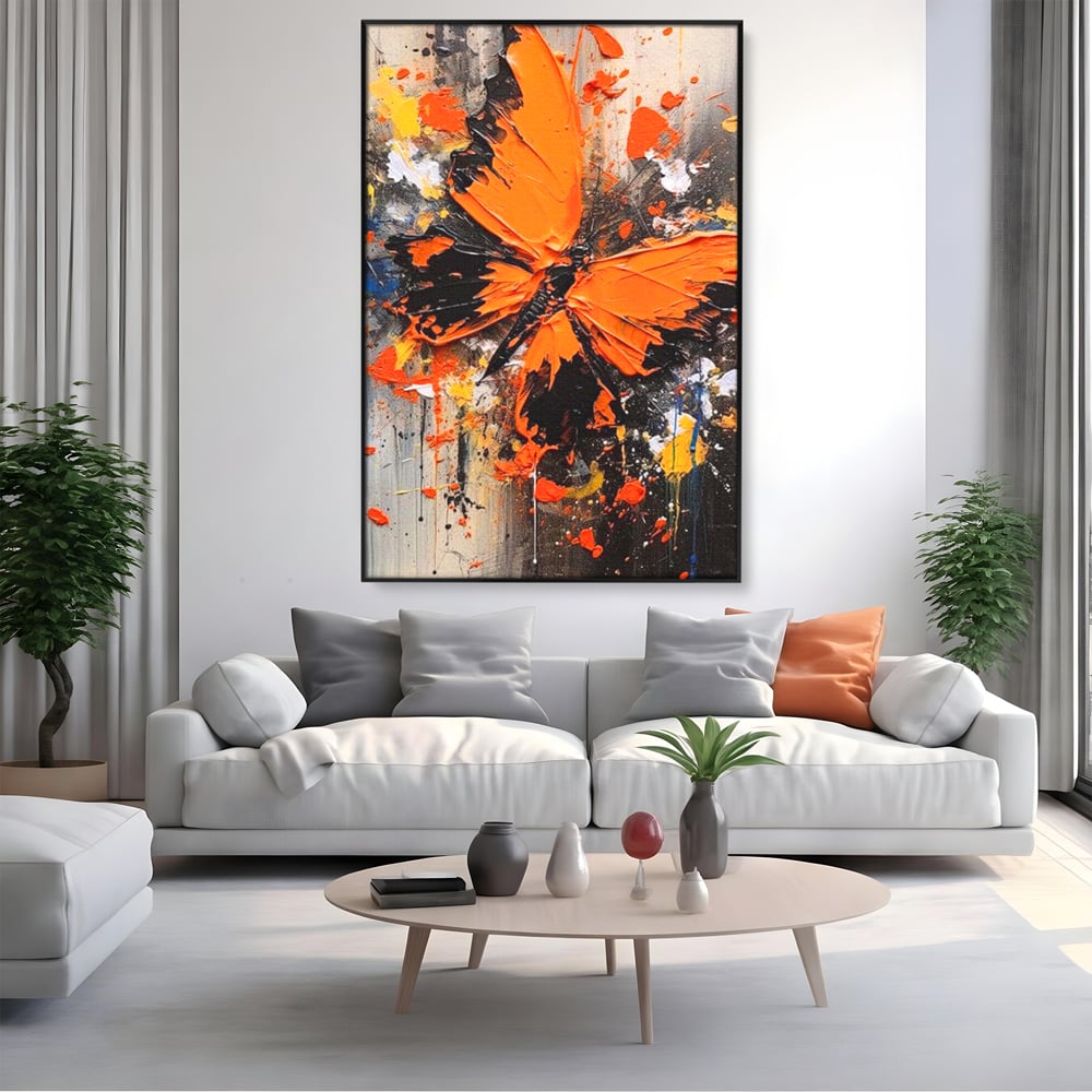 Leinwand Wandkunst Canvas Premium, LuxCanva® M1132, Farbe Metamorphose, Graffiti, Street Art, Orange, Dunkel, Anthrazit, Schmetterling, Spritzer, Spritzer, Flügel, Insekt, Modern, Büro, Wohnen, Kinderzimmer