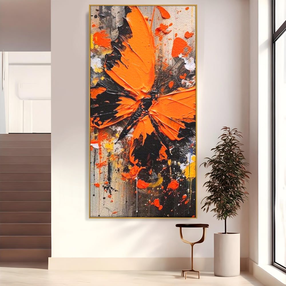 Leinwand Wandkunst Canvas Premium, LuxCanva® M1132, Farbe Metamorphose, Graffiti, Street Art, Orange, Dunkel, Anthrazit, Schmetterling, Spritzer, Spritzer, Flügel, Insekt, Modern, Büro, Wohnen, Kinderzimmer