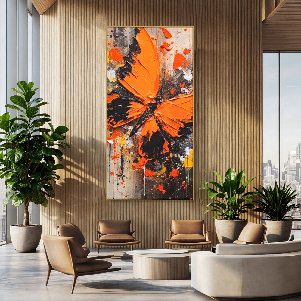Leinwand Wandkunst Canvas Premium, LuxCanva® M1132, Farbe Metamorphose, Graffiti, Street Art, Orange, Dunkel, Anthrazit, Schmetterling, Spritzer, Spritzer, Flügel, Insekt, Modern, Büro, Wohnen, Kinderzimmer