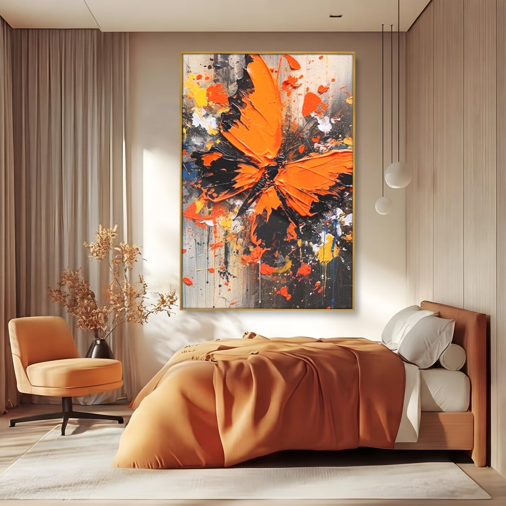 Leinwand Wandkunst Canvas Premium, LuxCanva® M1132, Farbe Metamorphose, Graffiti, Street Art, Orange, Dunkel, Anthrazit, Schmetterling, Spritzer, Spritzer, Flügel, Insekt, Modern, Büro, Wohnen, Kinderzimmer