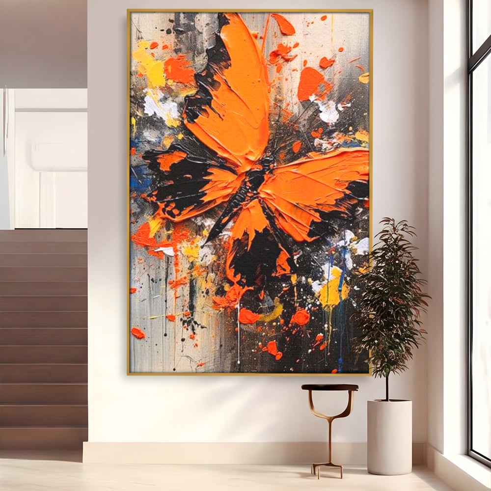 Leinwand Wandkunst Canvas Premium, LuxCanva® M1132, Farbe Metamorphose, Graffiti, Street Art, Orange, Dunkel, Anthrazit, Schmetterling, Spritzer, Spritzer, Flügel, Insekt, Modern, Büro, Wohnen, Kinderzimmer