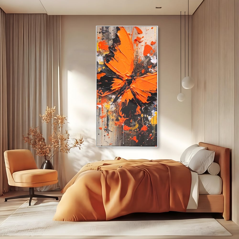 Leinwand Wandkunst Canvas Premium, LuxCanva® M1132, Farbe Metamorphose, Graffiti, Street Art, Orange, Dunkel, Anthrazit, Schmetterling, Spritzer, Spritzer, Flügel, Insekt, Modern, Büro, Wohnen, Kinderzimmer