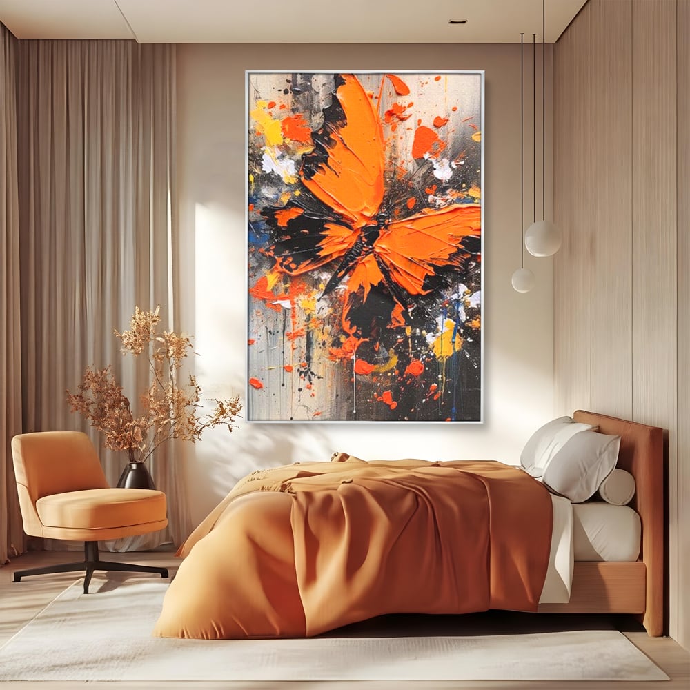 Leinwand Wandkunst Canvas Premium, LuxCanva® M1132, Farbe Metamorphose, Graffiti, Street Art, Orange, Dunkel, Anthrazit, Schmetterling, Spritzer, Spritzer, Flügel, Insekt, Modern, Büro, Wohnen, Kinderzimmer