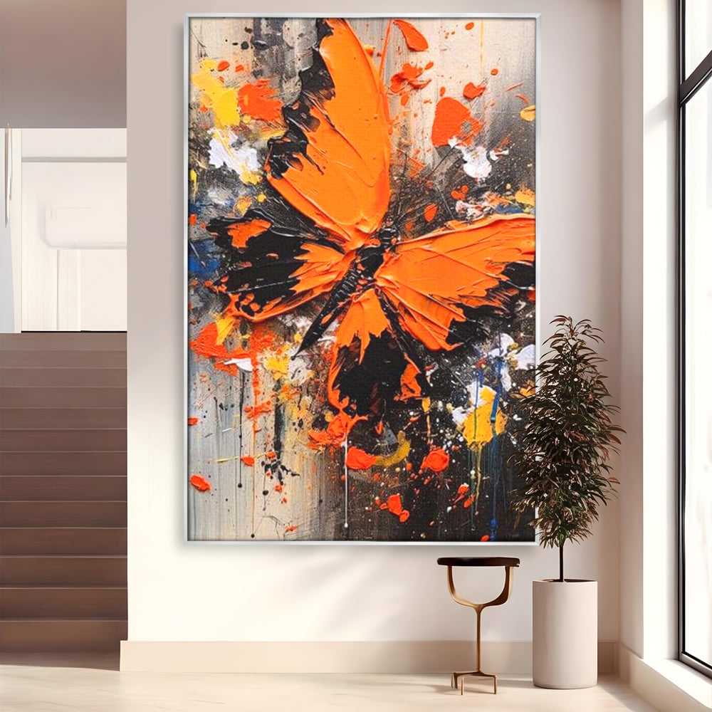 Leinwand Wandkunst Canvas Premium, LuxCanva® M1132, Farbe Metamorphose, Graffiti, Street Art, Orange, Dunkel, Anthrazit, Schmetterling, Spritzer, Spritzer, Flügel, Insekt, Modern, Büro, Wohnen, Kinderzimmer
