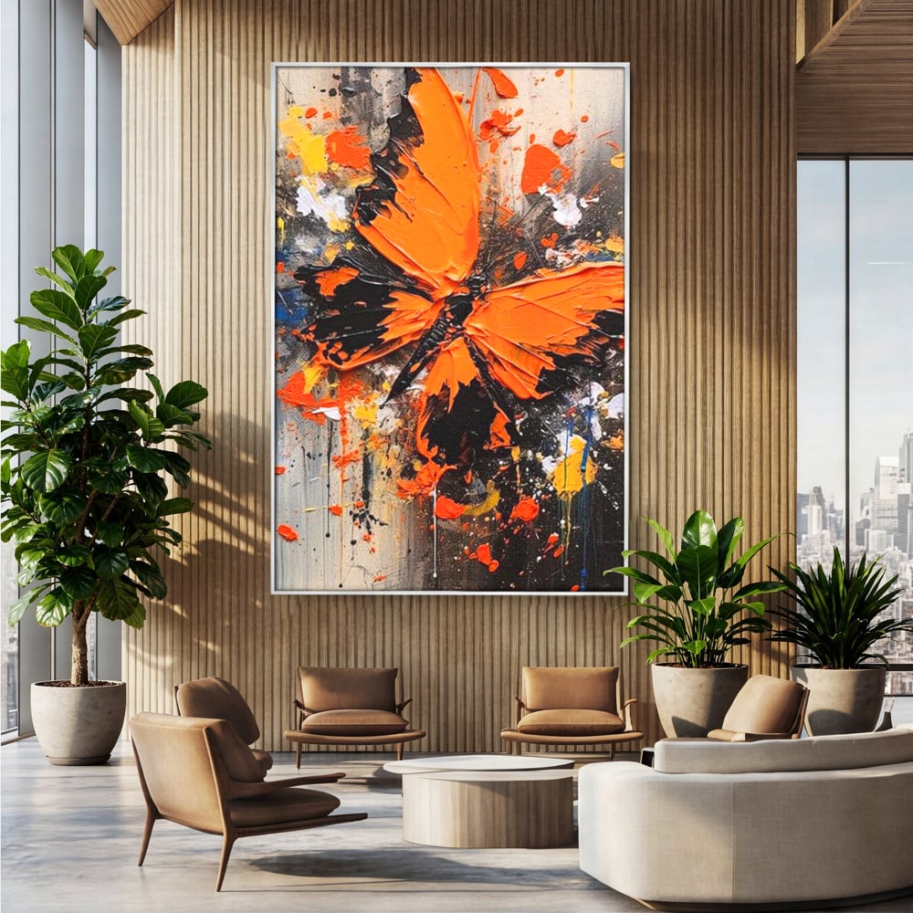 Leinwand Wandkunst Canvas Premium, LuxCanva® M1132, Farbe Metamorphose, Graffiti, Street Art, Orange, Dunkel, Anthrazit, Schmetterling, Spritzer, Spritzer, Flügel, Insekt, Modern, Büro, Wohnen, Kinderzimmer