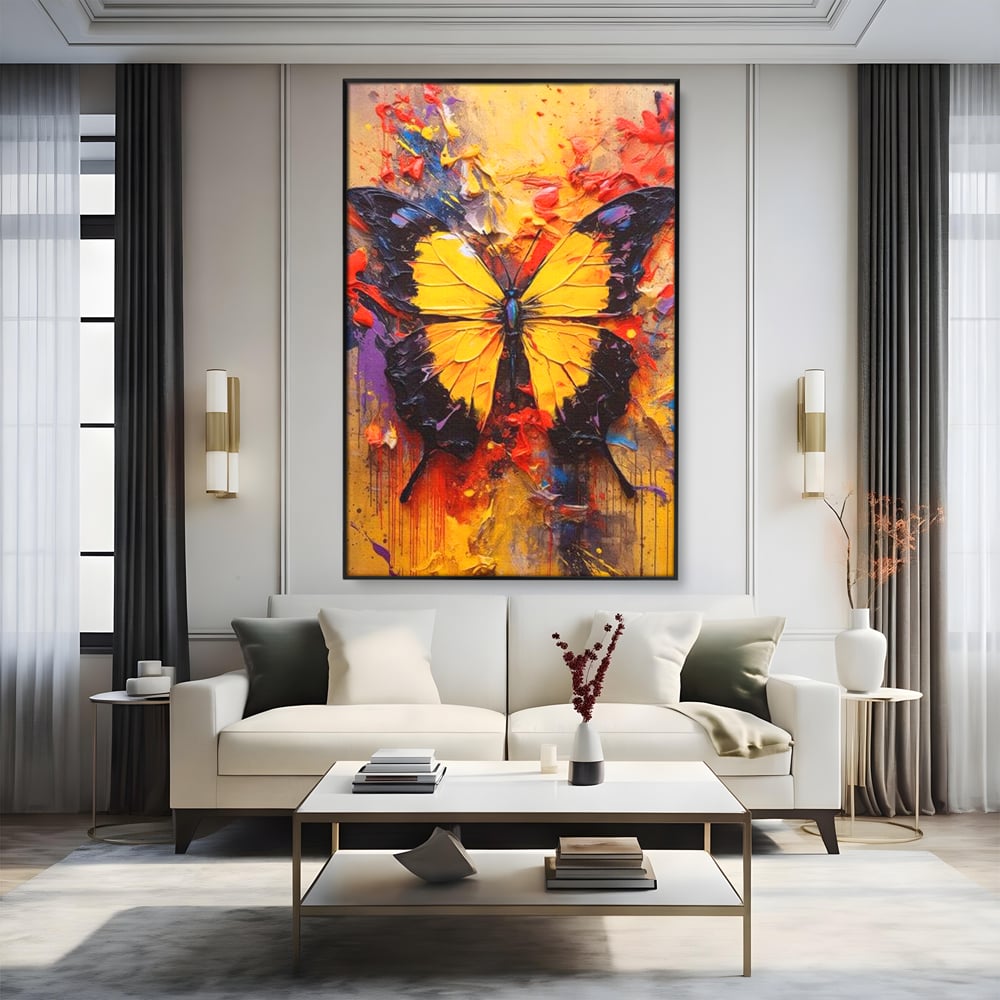 Tablou Canvas Premium, LuxCanva® M1133, Monarhul Galben, Energie, Optimism, Caldura, Dramatic, Contrast, Fluture, Insecta, Aripi, Multicolor, Design, Pictura, Birou, Living, Camera Copil