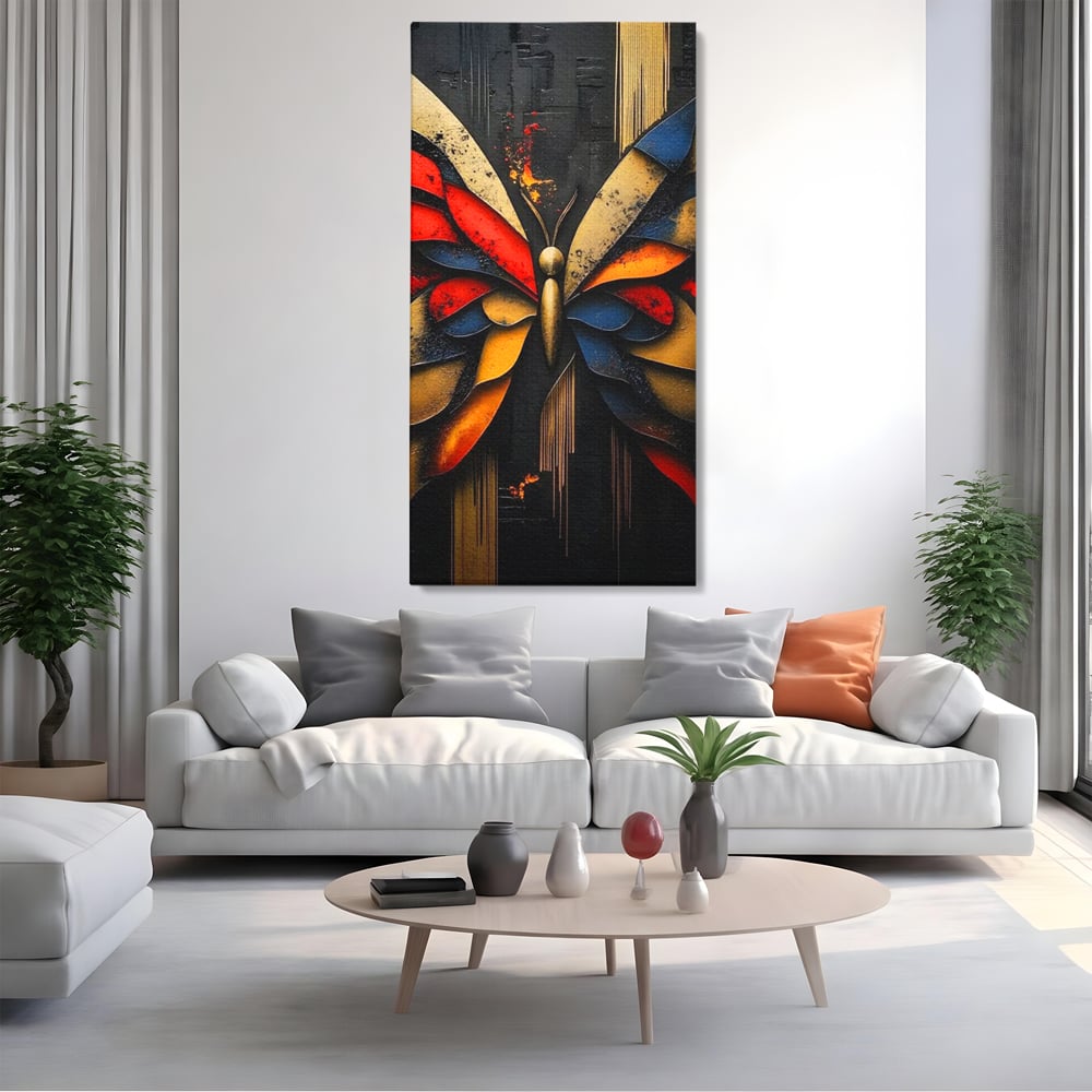 Tablou Canvas Premium, LuxCanva® M1134, Piese de Zbor, Mozaic, Contemporan, Modern, Abstract, Fluture, Aripi, Zbor, Culori Vibrante, Portret, Fragmentat, Birou, Living, Camera Copil