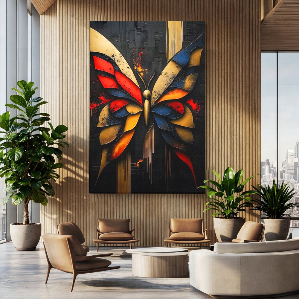 Tablou Canvas Premium, LuxCanva® M1134, Piese de Zbor, Mozaic, Contemporan, Modern, Abstract, Fluture, Aripi, Zbor, Culori Vibrante, Portret, Fragmentat, Birou, Living, Camera Copil