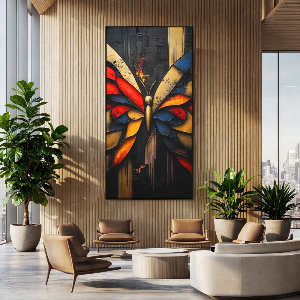 Tablou Canvas Premium, LuxCanva® M1134, Piese de Zbor, Mozaic, Contemporan, Modern, Abstract, Fluture, Aripi, Zbor, Culori Vibrante, Portret, Fragmentat, Birou, Living, Camera Copil
