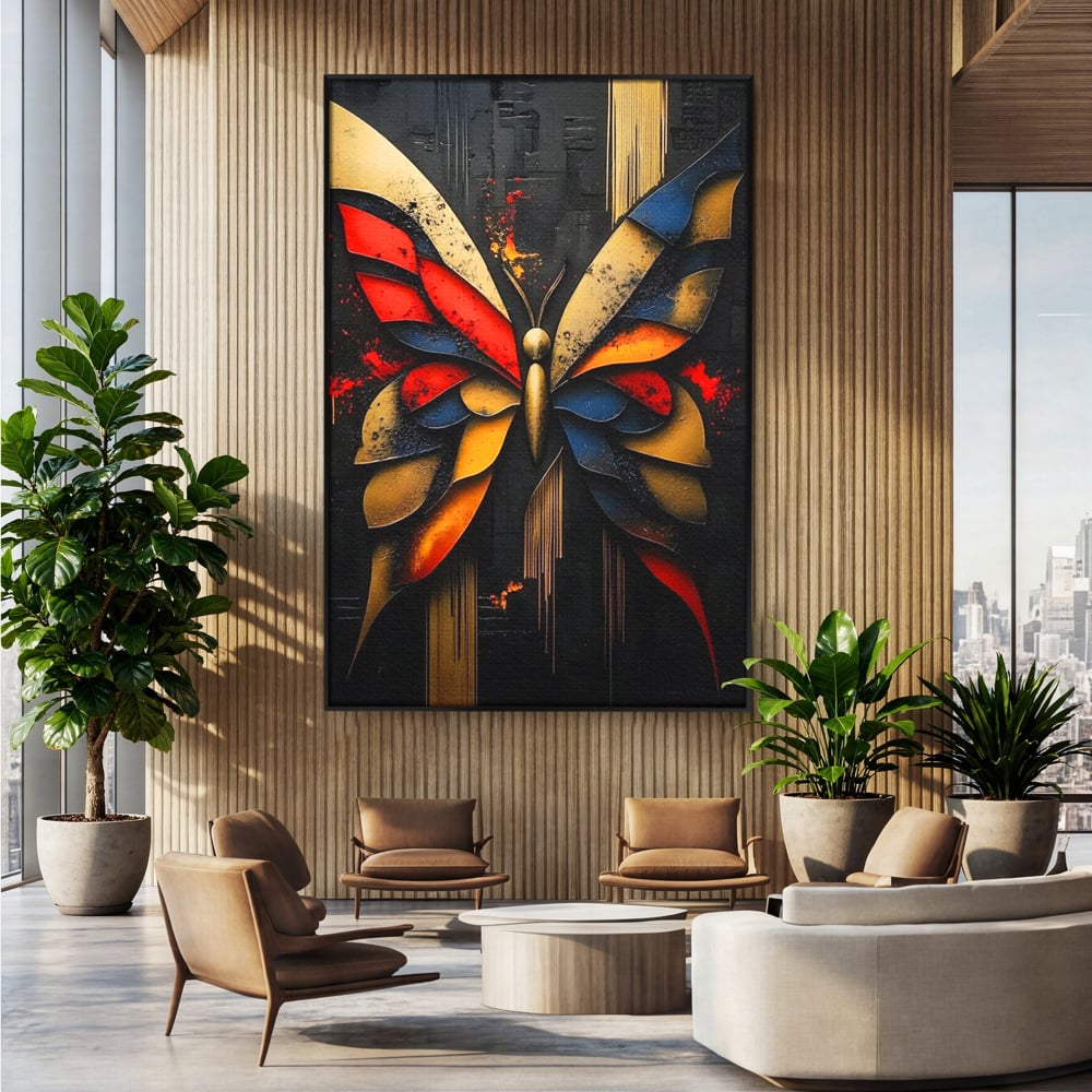 Tablou Canvas Premium, LuxCanva® M1134, Piese de Zbor, Mozaic, Contemporan, Modern, Abstract, Fluture, Aripi, Zbor, Culori Vibrante, Portret, Fragmentat, Birou, Living, Camera Copil
