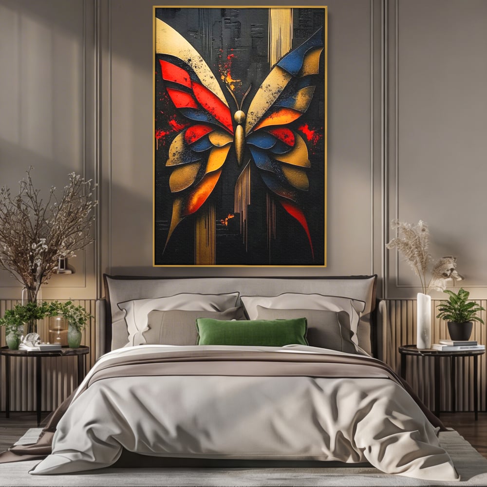 Tablou Canvas Premium, LuxCanva® M1134, Piese de Zbor, Mozaic, Contemporan, Modern, Abstract, Fluture, Aripi, Zbor, Culori Vibrante, Portret, Fragmentat, Birou, Living, Camera Copil