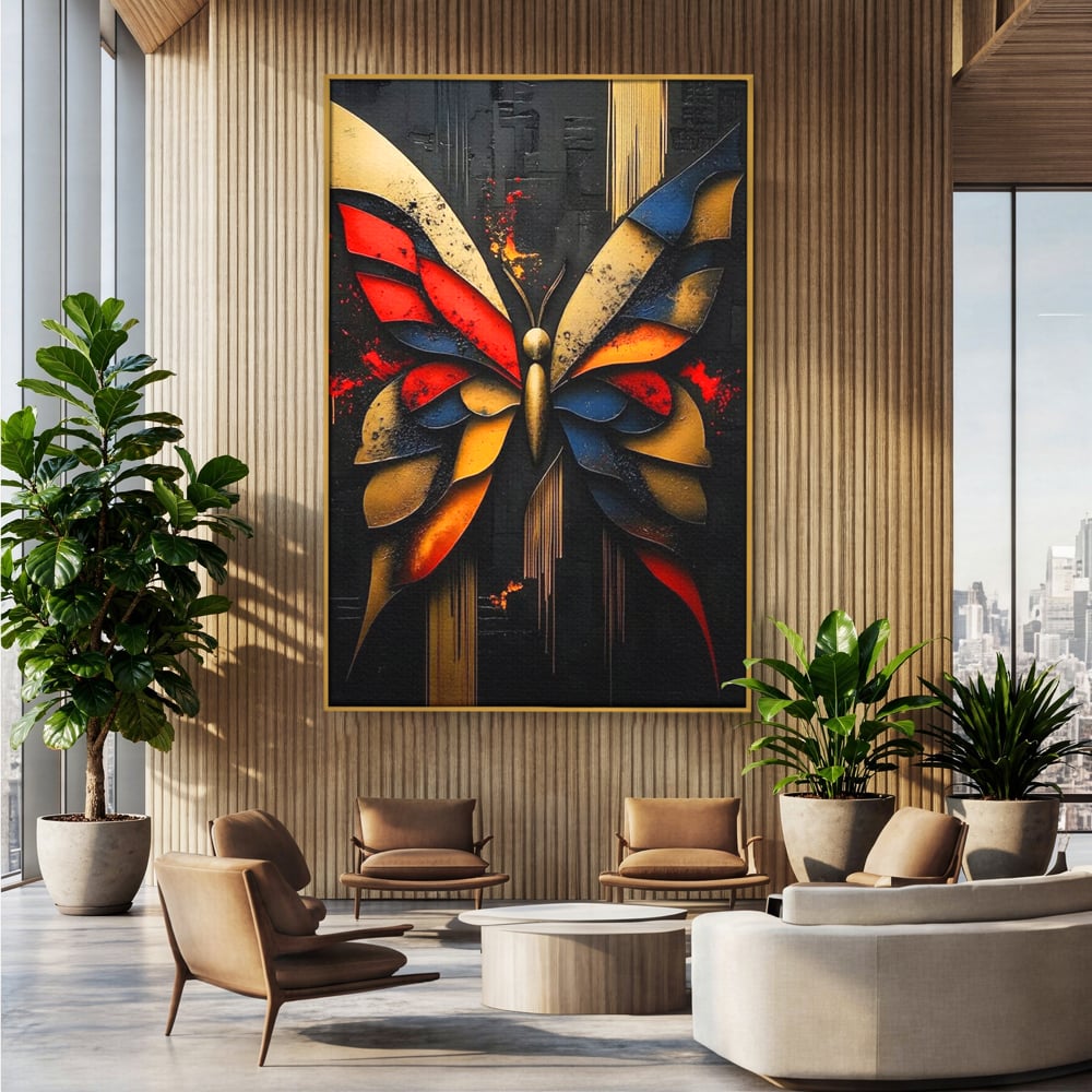 Tablou Canvas Premium, LuxCanva® M1134, Piese de Zbor, Mozaic, Contemporan, Modern, Abstract, Fluture, Aripi, Zbor, Culori Vibrante, Portret, Fragmentat, Birou, Living, Camera Copil