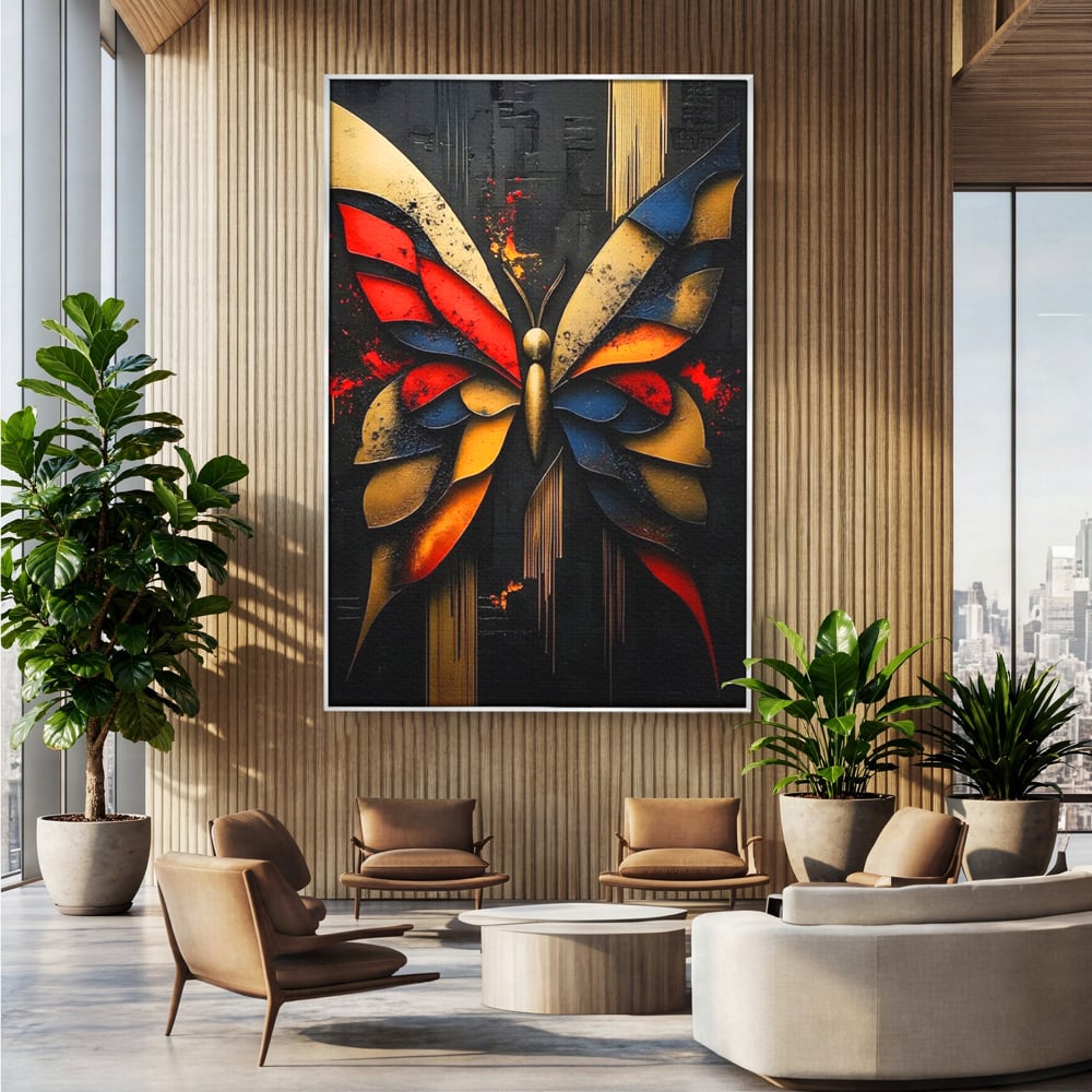 Tablou Canvas Premium, LuxCanva® M1134, Piese de Zbor, Mozaic, Contemporan, Modern, Abstract, Fluture, Aripi, Zbor, Culori Vibrante, Portret, Fragmentat, Birou, Living, Camera Copil