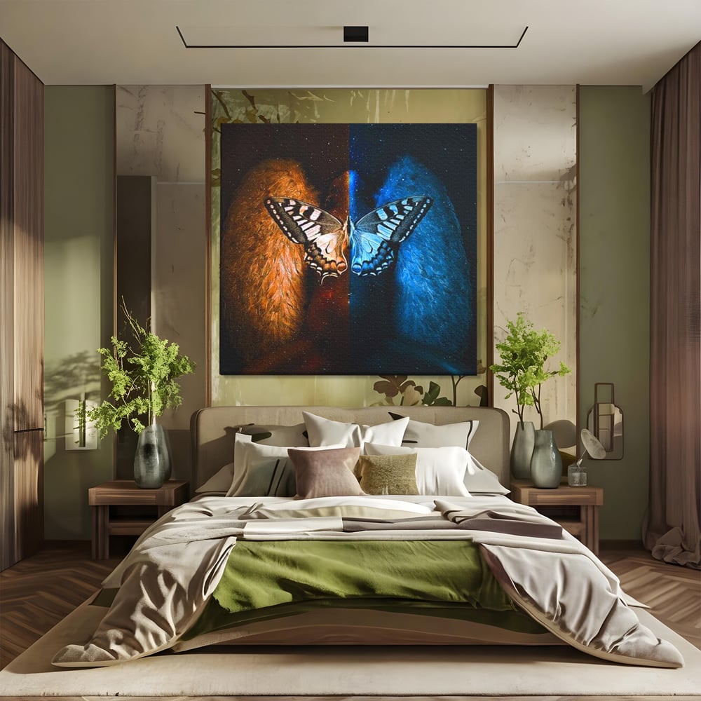 Tablou Canvas Premium, LuxCanva® M1135, Aripile Destinului, Artistic, Aripi, Inger, Fluture, Ilustratie, Dualitate, Simbolism, Foc, Apa, Conexiune, Birou, Living, Camera Copil