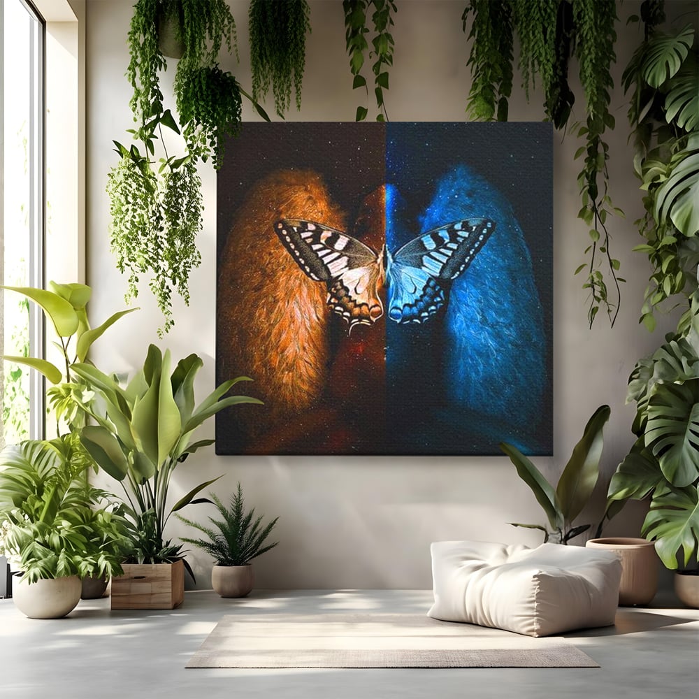Tablou Canvas Premium, LuxCanva® M1135, Aripile Destinului, Artistic, Aripi, Inger, Fluture, Ilustratie, Dualitate, Simbolism, Foc, Apa, Conexiune, Birou, Living, Camera Copil