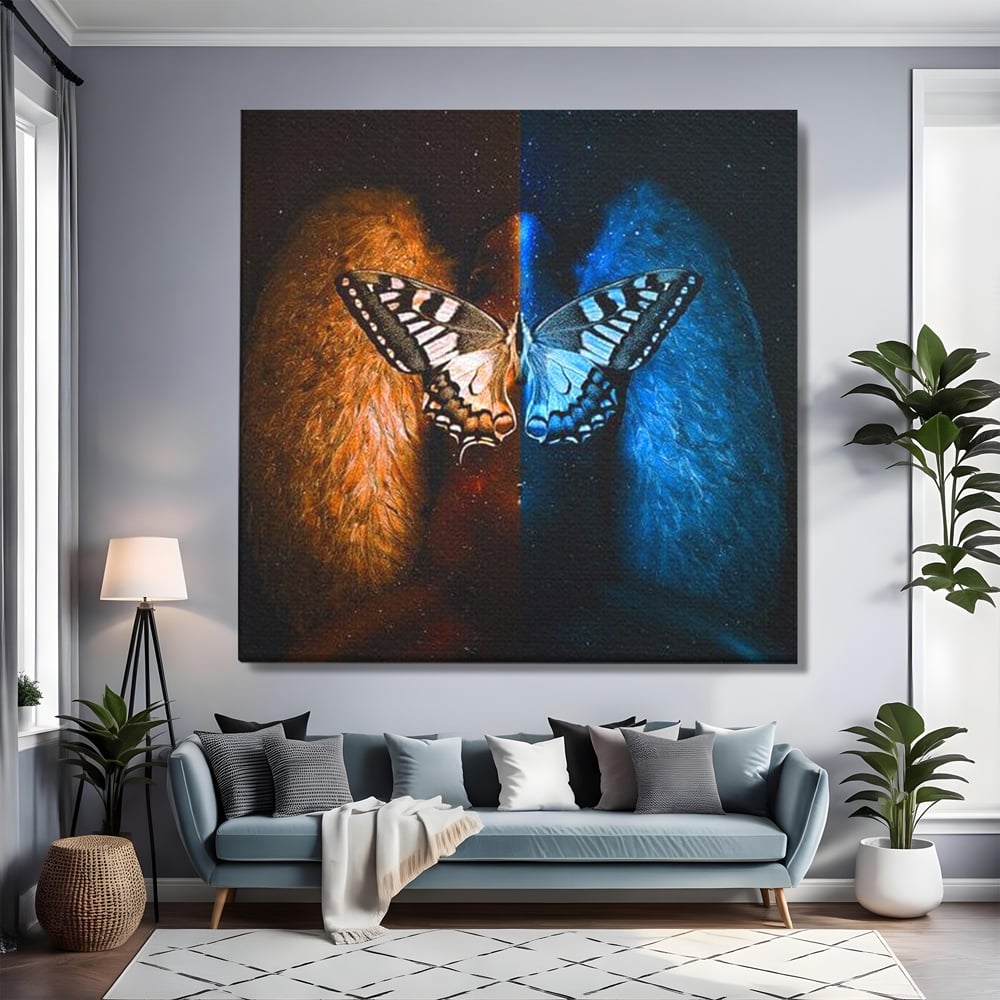 Tablou Canvas Premium, LuxCanva® M1135, Aripile Destinului, Artistic, Aripi, Inger, Fluture, Ilustratie, Dualitate, Simbolism, Foc, Apa, Conexiune, Birou, Living, Camera Copil