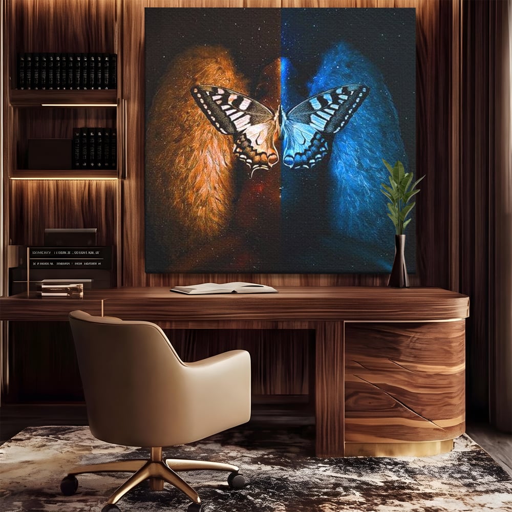 Tablou Canvas Premium, LuxCanva® M1135, Aripile Destinului, Artistic, Aripi, Inger, Fluture, Ilustratie, Dualitate, Simbolism, Foc, Apa, Conexiune, Birou, Living, Camera Copil