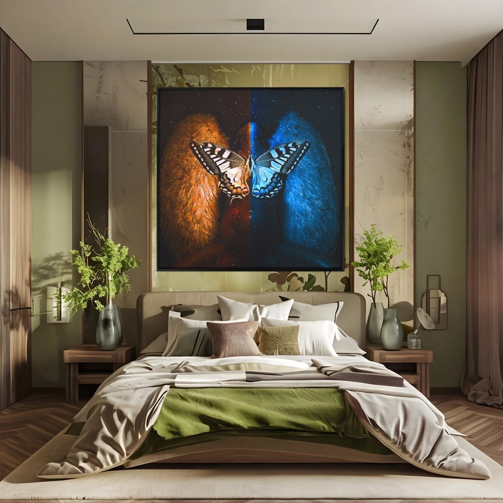 Tablou Canvas Premium, LuxCanva® M1135, Aripile Destinului, Artistic, Aripi, Inger, Fluture, Ilustratie, Dualitate, Simbolism, Foc, Apa, Conexiune, Birou, Living, Camera Copil