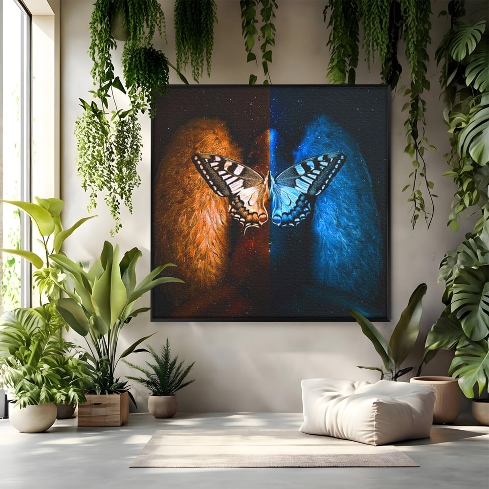 Tablou Canvas Premium, LuxCanva® M1135, Aripile Destinului, Artistic, Aripi, Inger, Fluture, Ilustratie, Dualitate, Simbolism, Foc, Apa, Conexiune, Birou, Living, Camera Copil