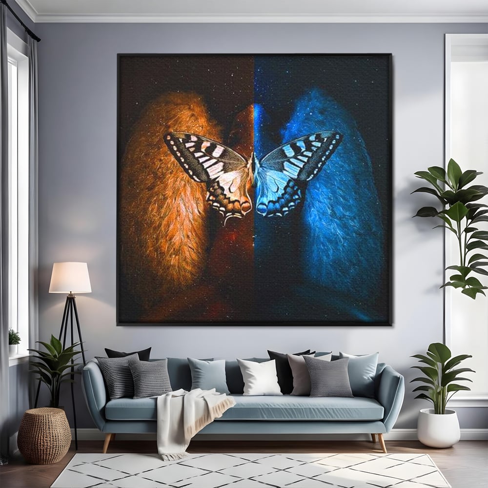 Tablou Canvas Premium, LuxCanva® M1135, Aripile Destinului, Artistic, Aripi, Inger, Fluture, Ilustratie, Dualitate, Simbolism, Foc, Apa, Conexiune, Birou, Living, Camera Copil