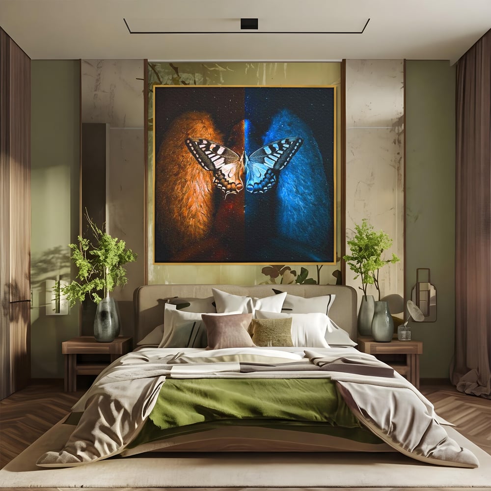 Tablou Canvas Premium, LuxCanva® M1135, Aripile Destinului, Artistic, Aripi, Inger, Fluture, Ilustratie, Dualitate, Simbolism, Foc, Apa, Conexiune, Birou, Living, Camera Copil