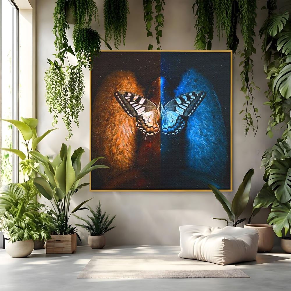 Tablou Canvas Premium, LuxCanva® M1135, Aripile Destinului, Artistic, Aripi, Inger, Fluture, Ilustratie, Dualitate, Simbolism, Foc, Apa, Conexiune, Birou, Living, Camera Copil