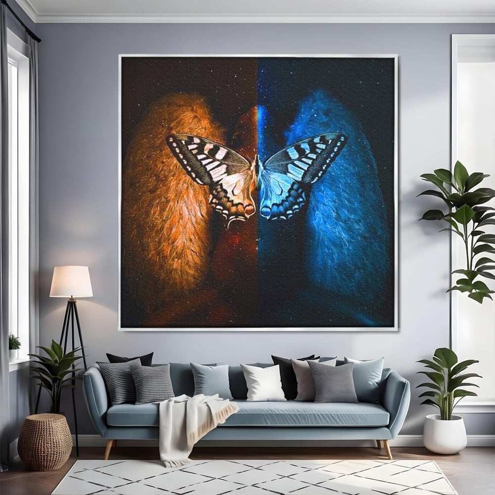 Tablou Canvas Premium, LuxCanva® M1135, Aripile Destinului, Artistic, Aripi, Inger, Fluture, Ilustratie, Dualitate, Simbolism, Foc, Apa, Conexiune, Birou, Living, Camera Copil