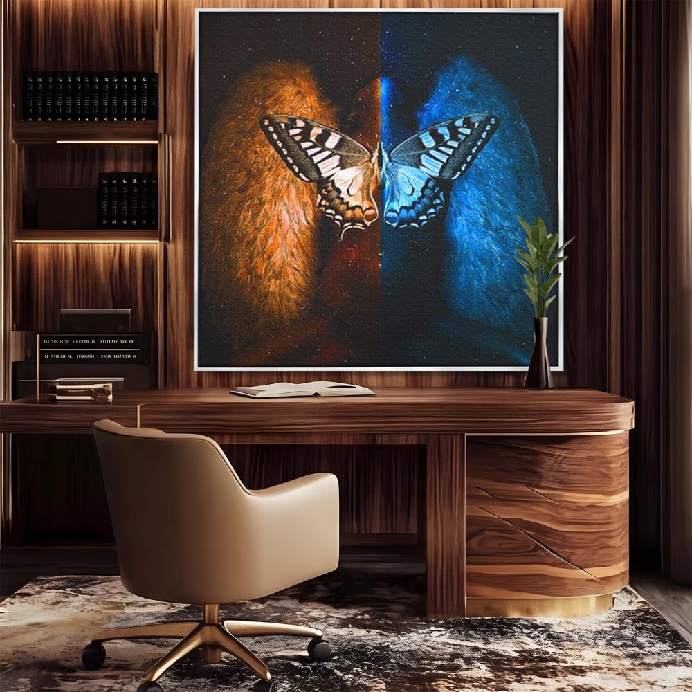 Tablou Canvas Premium, LuxCanva® M1135, Aripile Destinului, Artistic, Aripi, Inger, Fluture, Ilustratie, Dualitate, Simbolism, Foc, Apa, Conexiune, Birou, Living, Camera Copil