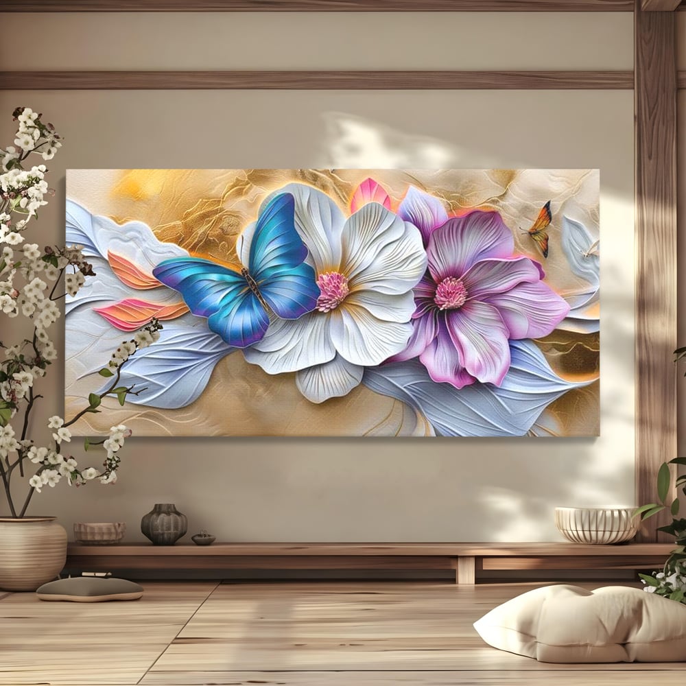 Tablou Canvas Premium, LuxCanva® M1136, Broderie Pastelata, Textura, Eteric, Fluture, Flori, Delicat, Aripi, Petale, Finete, Abstract, Vis, Modern, Pastel, Arta, Birou, Living, Camera Copil