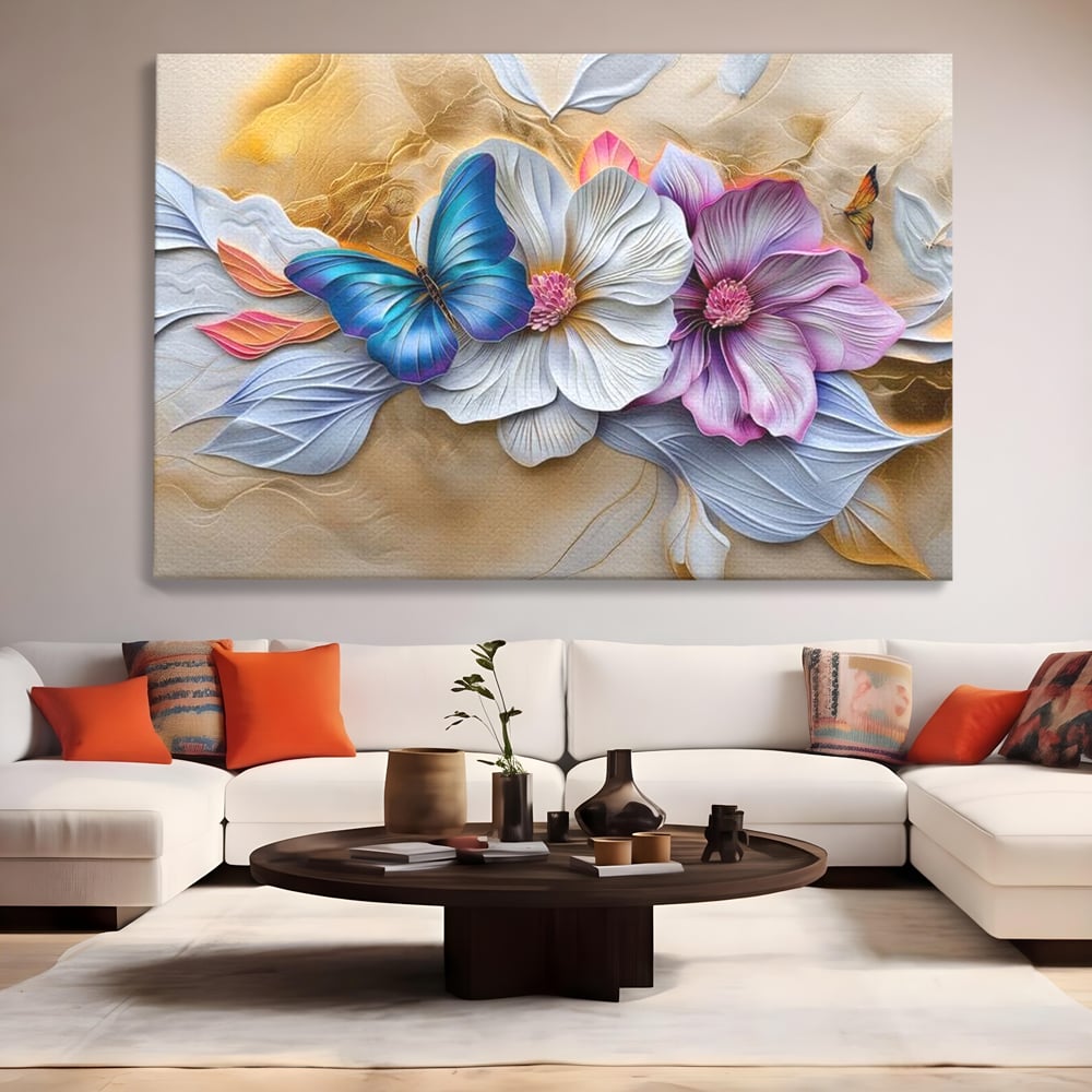 Tablou Canvas Premium, LuxCanva® M1136, Broderie Pastelata, Textura, Eteric, Fluture, Flori, Delicat, Aripi, Petale, Finete, Abstract, Vis, Modern, Pastel, Arta, Birou, Living, Camera Copil