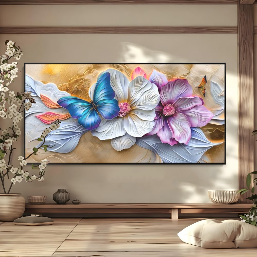 Tablou Canvas Premium, LuxCanva® M1136, Broderie Pastelata, Textura, Eteric, Fluture, Flori, Delicat, Aripi, Petale, Finete, Abstract, Vis, Modern, Pastel, Arta, Birou, Living, Camera Copil