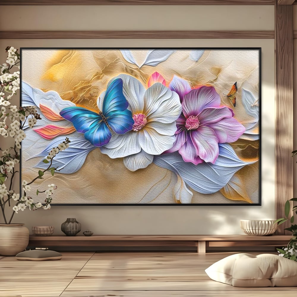 Tablou Canvas Premium, LuxCanva® M1136, Broderie Pastelata, Textura, Eteric, Fluture, Flori, Delicat, Aripi, Petale, Finete, Abstract, Vis, Modern, Pastel, Arta, Birou, Living, Camera Copil