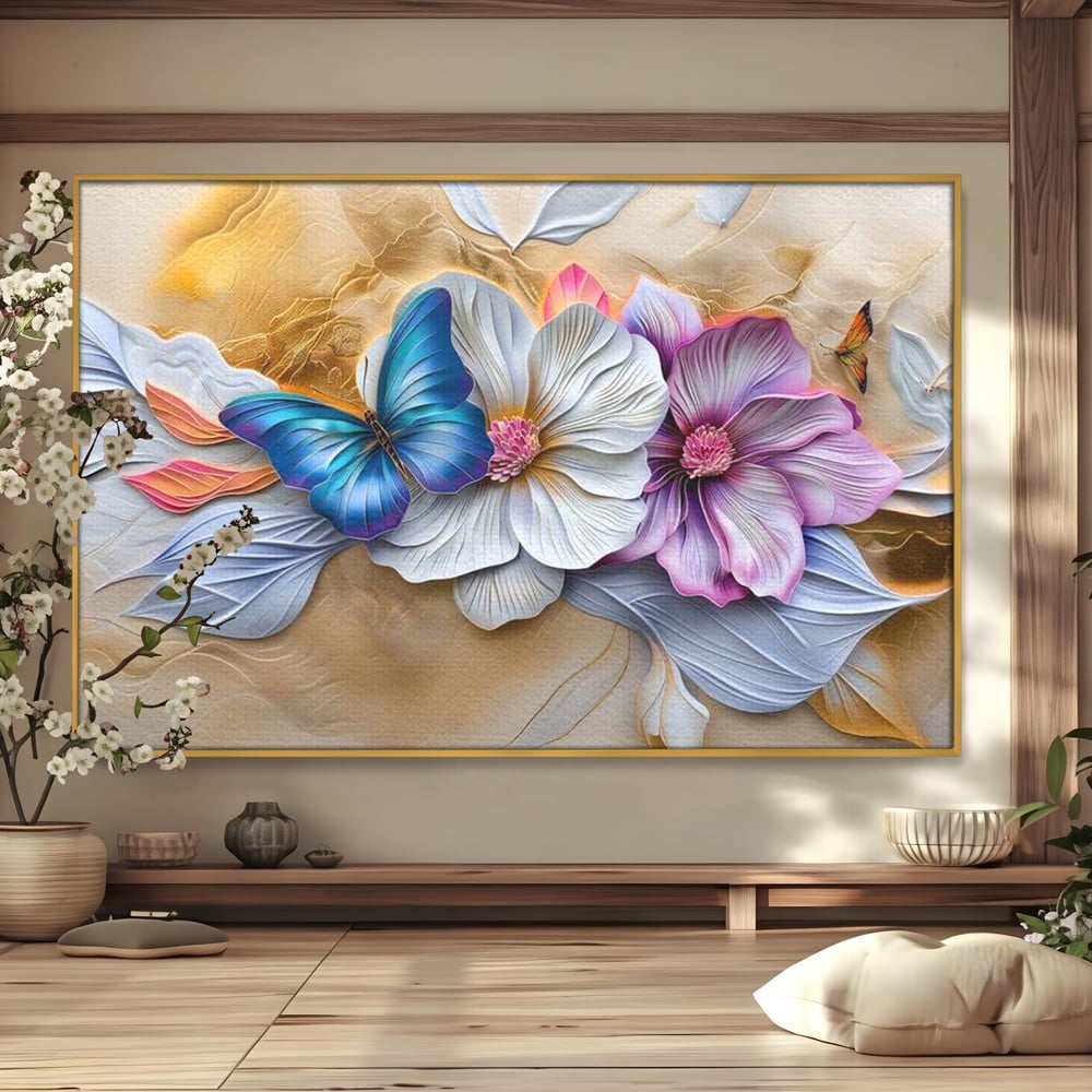 Tablou Canvas Premium, LuxCanva® M1136, Broderie Pastelata, Textura, Eteric, Fluture, Flori, Delicat, Aripi, Petale, Finete, Abstract, Vis, Modern, Pastel, Arta, Birou, Living, Camera Copil