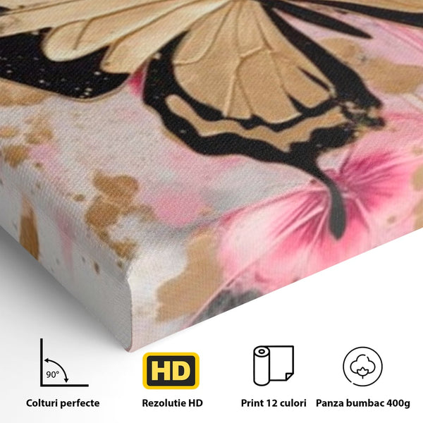 Tablou Canvas Premium, LuxCanva® M1137, Fluturele din Cerneala, Roz, Auriu, Graffiti, Aripi, Fluture, Insecta, Street Art, Modern, Tablou, Contur, Abstract, Birou, Living, Camera Copil