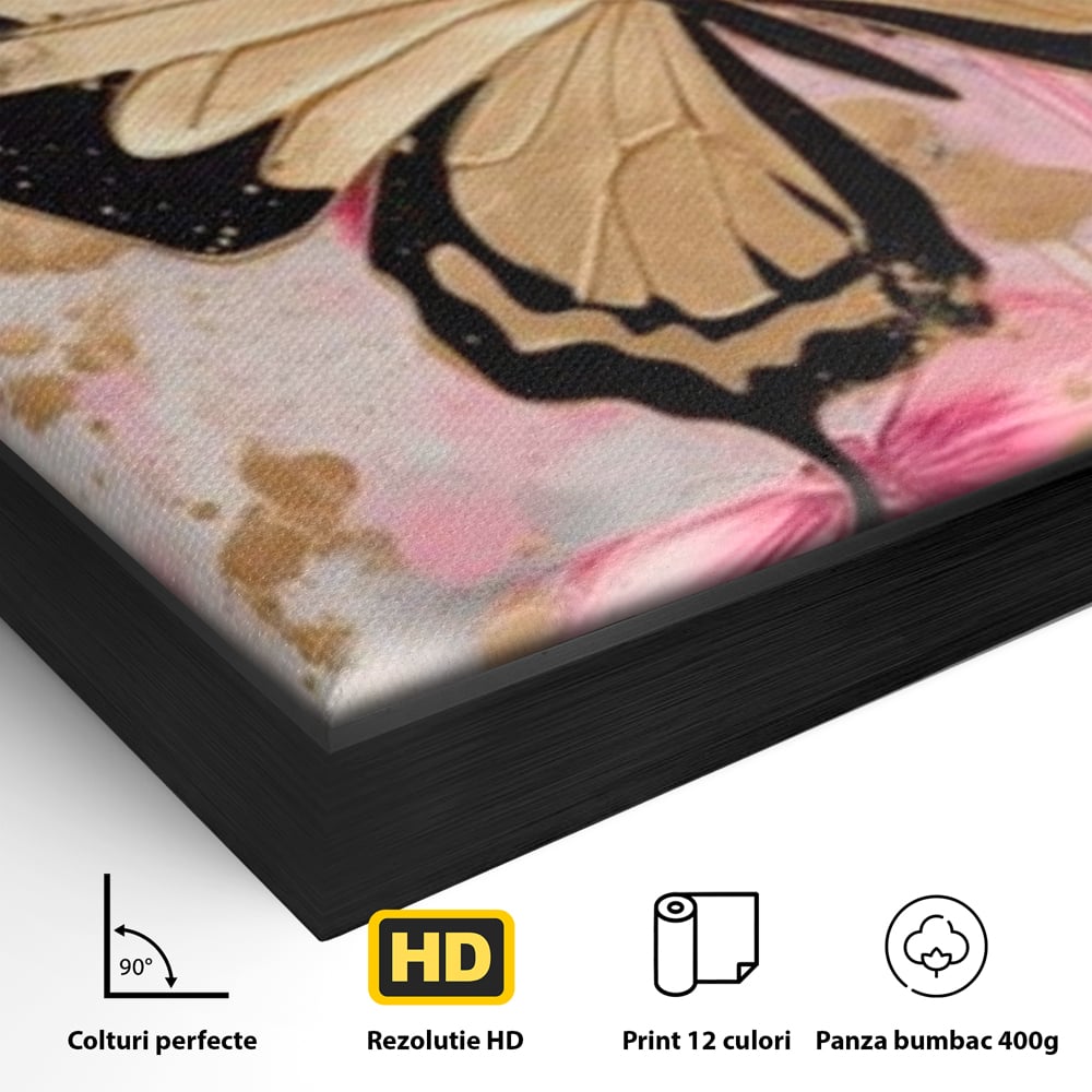 Tablou Canvas Premium, LuxCanva® M1137, Fluturele din Cerneala, Roz, Auriu, Graffiti, Aripi, Fluture, Insecta, Street Art, Modern, Tablou, Contur, Abstract, Birou, Living, Camera Copil