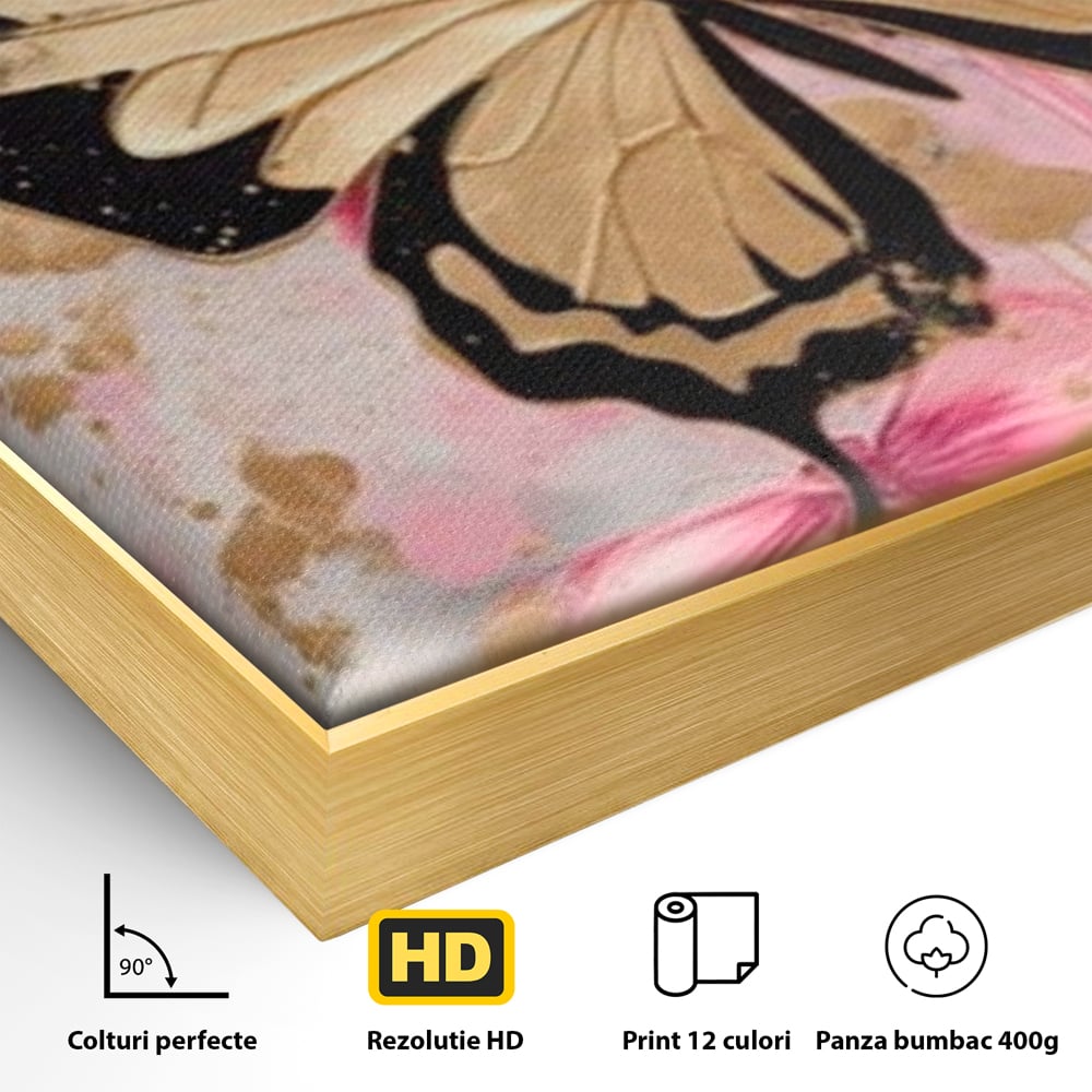 Tablou Canvas Premium, LuxCanva® M1137, Fluturele din Cerneala, Roz, Auriu, Graffiti, Aripi, Fluture, Insecta, Street Art, Modern, Tablou, Contur, Abstract, Birou, Living, Camera Copil