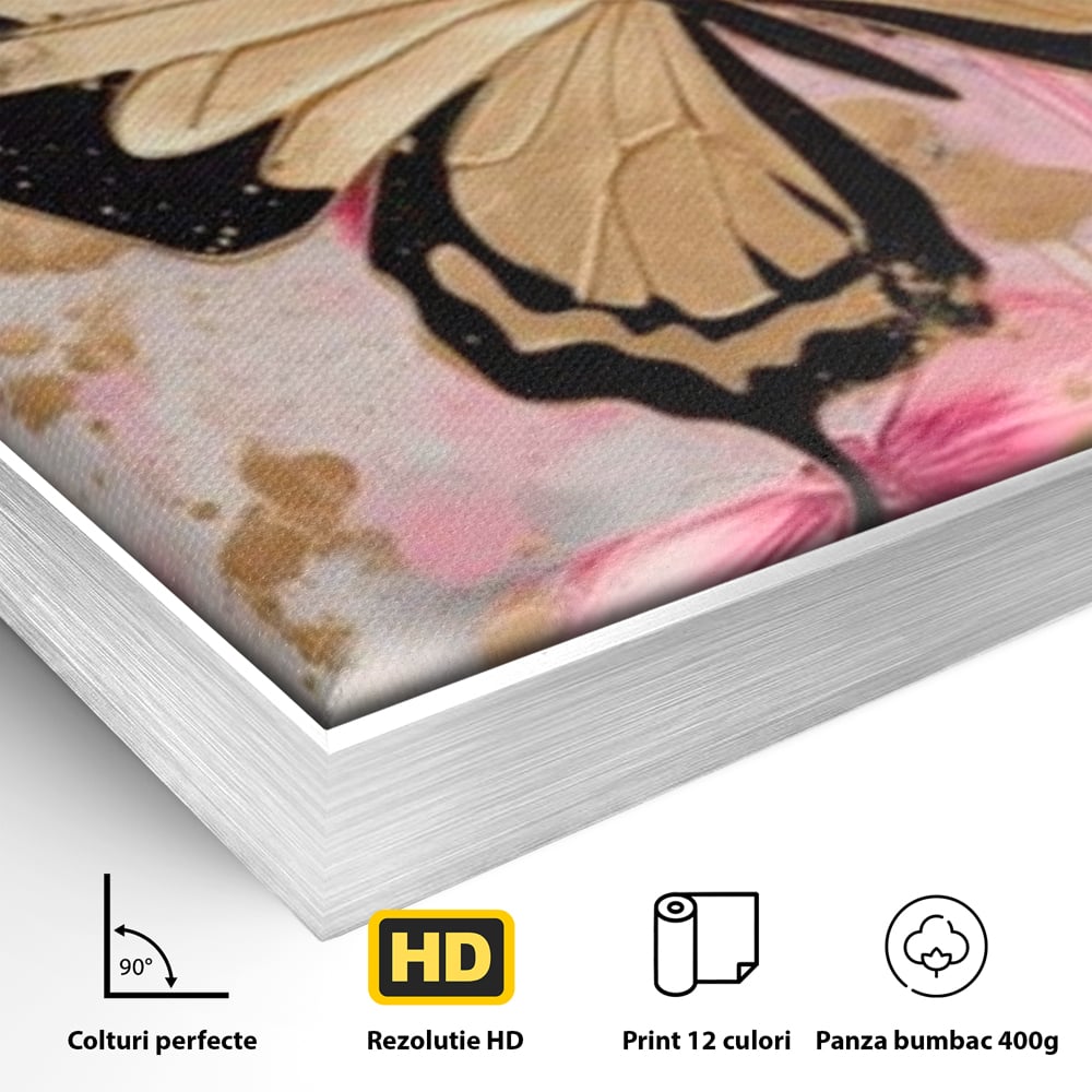 Tablou Canvas Premium, LuxCanva® M1137, Fluturele din Cerneala, Roz, Auriu, Graffiti, Aripi, Fluture, Insecta, Street Art, Modern, Tablou, Contur, Abstract, Birou, Living, Camera Copil