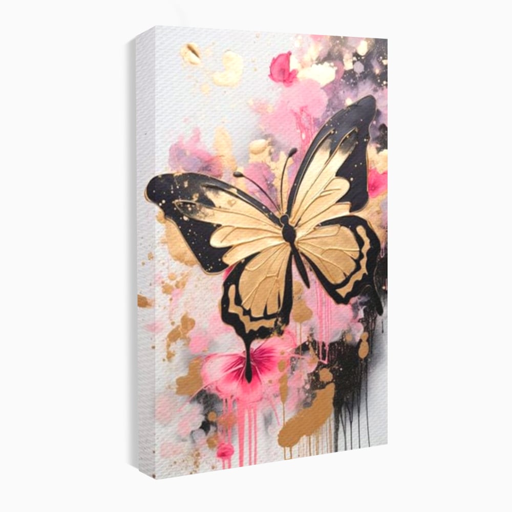 Tablou Canvas Premium, LuxCanva® M1137, Fluturele din Cerneala, Roz, Auriu, Graffiti, Aripi, Fluture, Insecta, Street Art, Modern, Tablou, Contur, Abstract, Birou, Living, Camera Copil