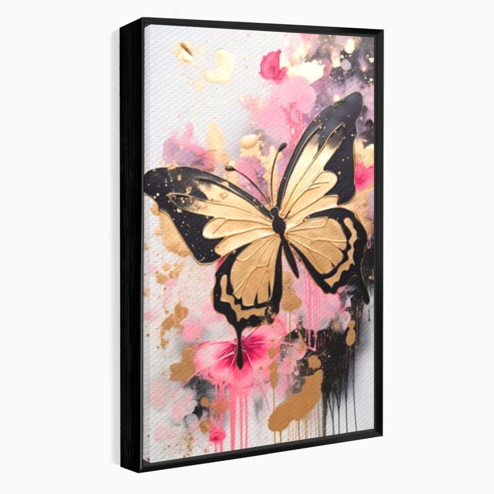 Tablou Canvas Premium, LuxCanva® M1137, Fluturele din Cerneala, Roz, Auriu, Graffiti, Aripi, Fluture, Insecta, Street Art, Modern, Tablou, Contur, Abstract, Birou, Living, Camera Copil
