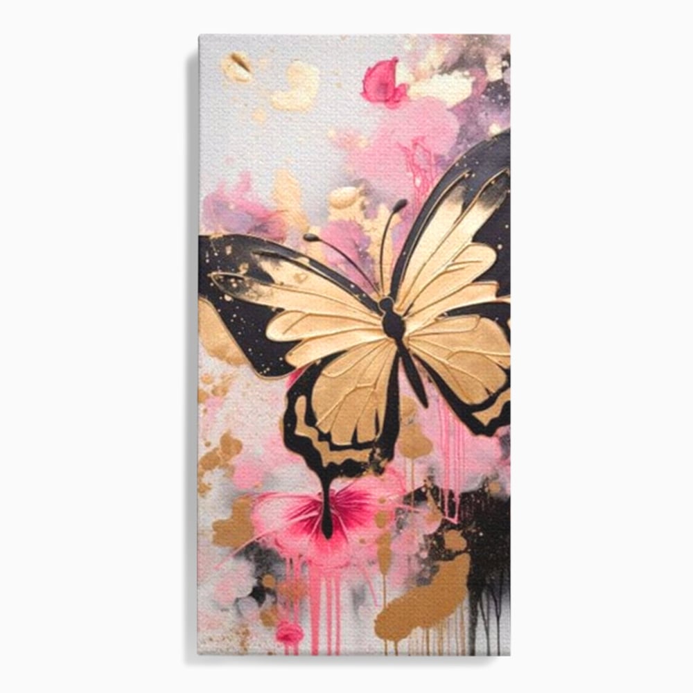 Tablou Canvas Premium, LuxCanva® M1137, Fluturele din Cerneala, Roz, Auriu, Graffiti, Aripi, Fluture, Insecta, Street Art, Modern, Tablou, Contur, Abstract, Birou, Living, Camera Copil
