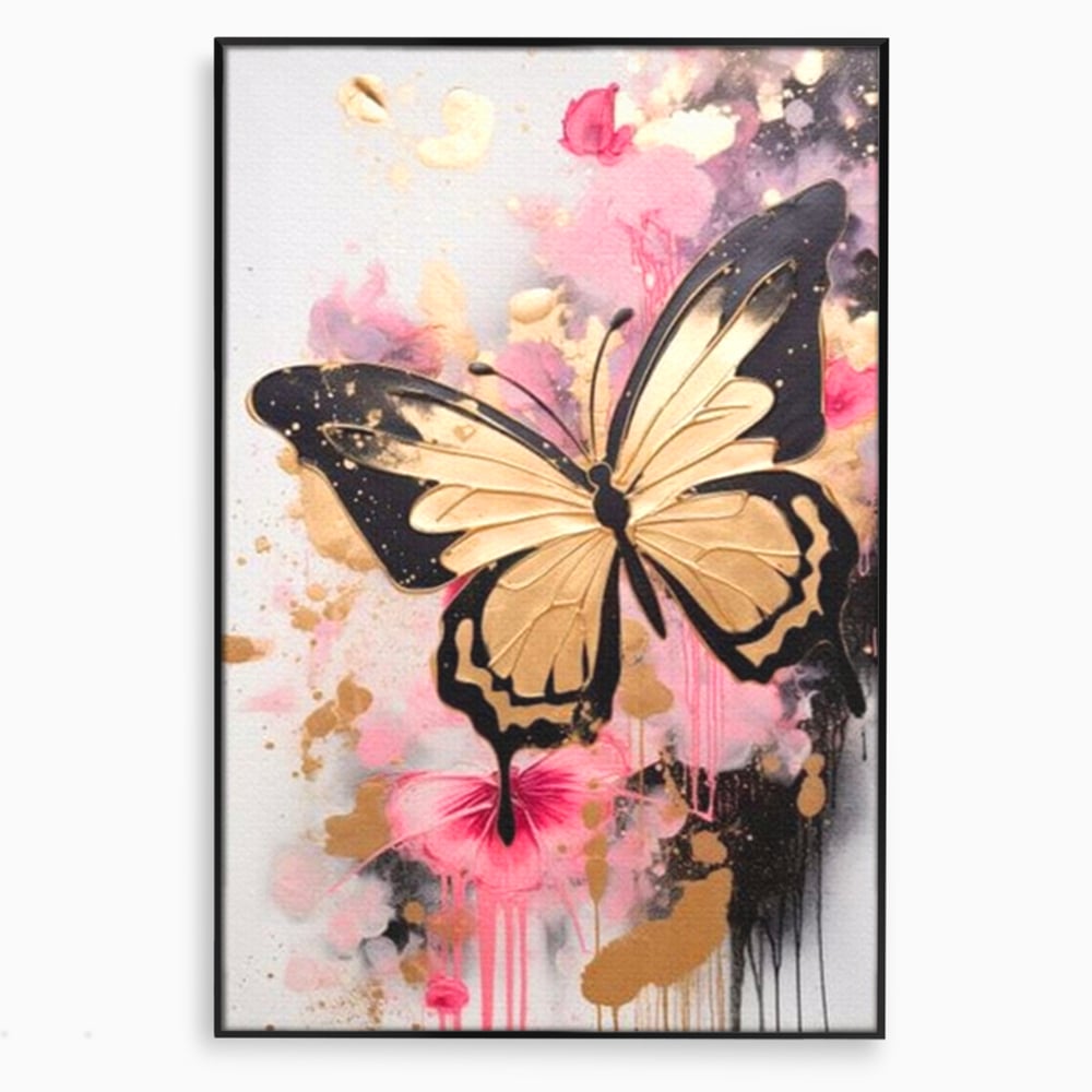 Tablou Canvas Premium, LuxCanva® M1137, Fluturele din Cerneala, Roz, Auriu, Graffiti, Aripi, Fluture, Insecta, Street Art, Modern, Tablou, Contur, Abstract, Birou, Living, Camera Copil