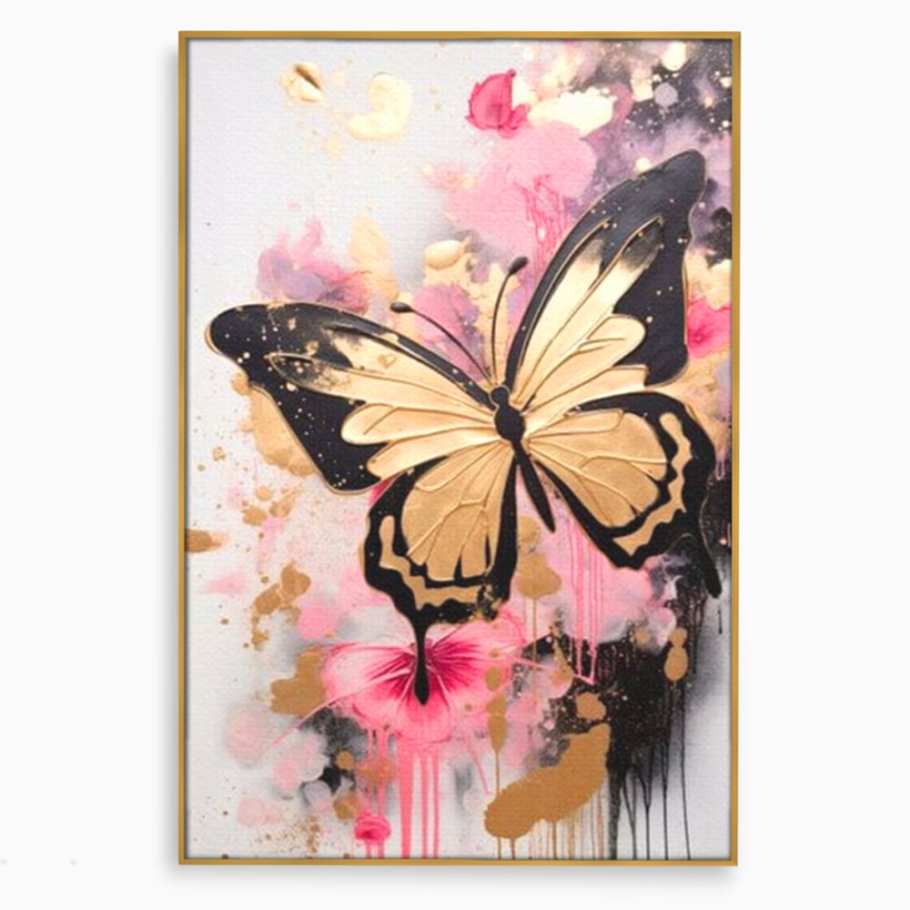Tablou Canvas Premium, LuxCanva® M1137, Fluturele din Cerneala, Roz, Auriu, Graffiti, Aripi, Fluture, Insecta, Street Art, Modern, Tablou, Contur, Abstract, Birou, Living, Camera Copil