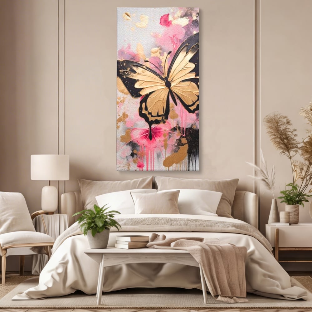 Tablou Canvas Premium, LuxCanva® M1137, Fluturele din Cerneala, Roz, Auriu, Graffiti, Aripi, Fluture, Insecta, Street Art, Modern, Tablou, Contur, Abstract, Birou, Living, Camera Copil