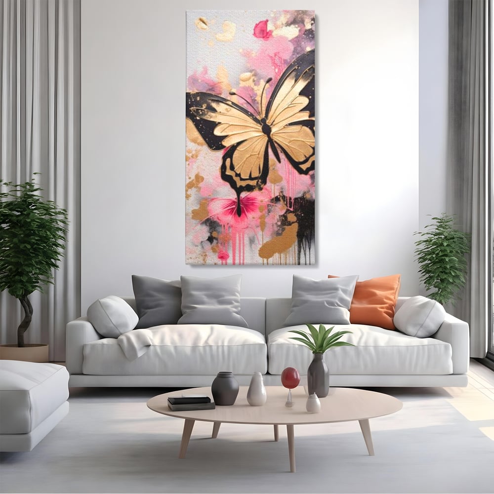 Tablou Canvas Premium, LuxCanva® M1137, Fluturele din Cerneala, Roz, Auriu, Graffiti, Aripi, Fluture, Insecta, Street Art, Modern, Tablou, Contur, Abstract, Birou, Living, Camera Copil