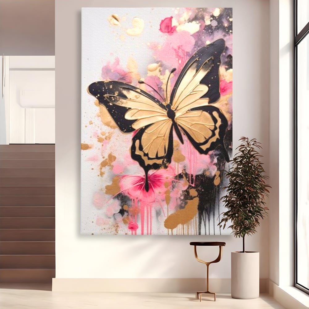 Tablou Canvas Premium, LuxCanva® M1137, Fluturele din Cerneala, Roz, Auriu, Graffiti, Aripi, Fluture, Insecta, Street Art, Modern, Tablou, Contur, Abstract, Birou, Living, Camera Copil